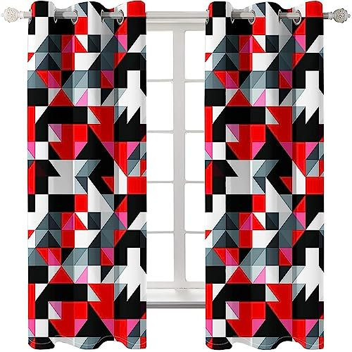 Homxi Blickdichter Vorhang Wohnzimmer 2er Set,2 x 137W x 214H cm,Küchengardinen Modern Blickdicht Rot Schwarz Weiß Geometriemuster Vorhänge Wohnzimmer Ösen