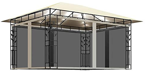 GuyAna Pavillon mit Moskitonetz & LED-Lichterkette Zelt FüR Garten Sonnensegel Pavillon Partyzelt Garten Pavillon 4x3x2,73m Cremeweiß