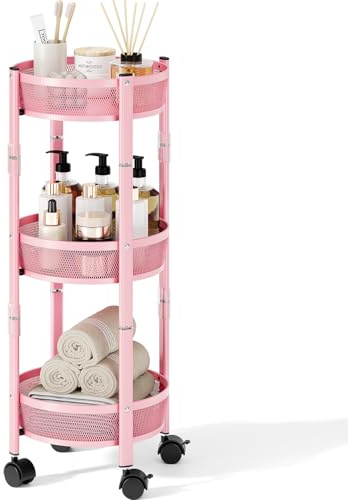 TOOLF 3-Tier Foldable Metal Storage Rolling Cart, Collapsible Utility Cart, No Assemble, Multifunction Organizer Trolley with Lockable Wheels for Kitchen, Living Room, Bathroom, Pink