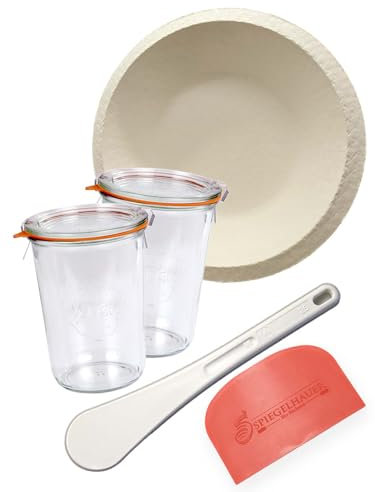 Bäckerei Spiegelhauer Sauerteig-Glas 850 ml 2 Stück mit Gärkorb, Teigschaber, Spatel I Sauerteig Starter Set Glas I Gärkörbchen Set Gärkorb Backset I Brotbackset Anstellgut Glas Anstellgut-Set