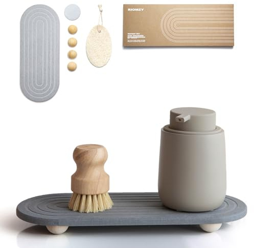 RIOMZY Sofort trocknender Spülbecken-Caddy Organizer – wasserabsorbierendes Steintablett für Küche, Badezimmer, Arbeitsplatte, schnell trocknender Spülbecken-Caddy (mit Holzfüßen und natürlichem