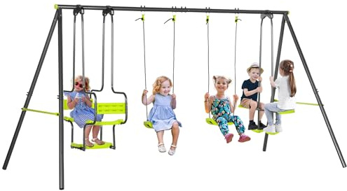 Outsunny Swing Set, A-Frame Metal Swing Set with Double Seats, 2 Single Swings, Glider for Outdoor, Playground, for Ages 3-8 years, Green