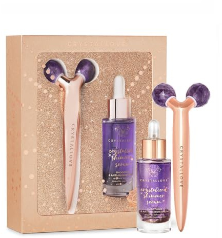 CRYSTALLOVE Gesichtsmassagegerät mit Serum Set - Amethyst- 3D Gesichtsroller - Anti-Aging Massageroller - Gesichtslifting Massager - Massagegerät - Face Massage Roller
