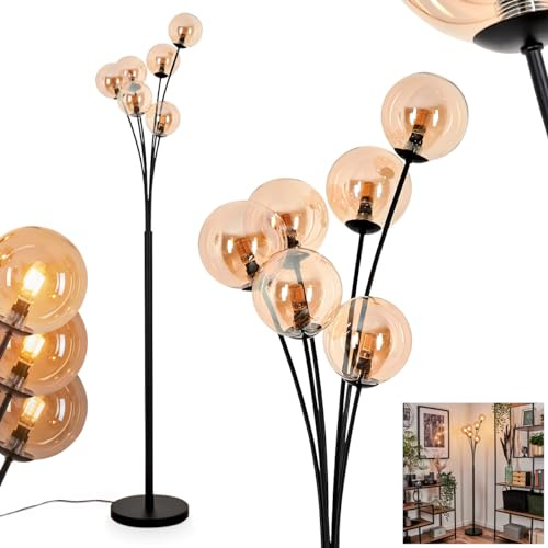 Stehleuchte Bernado, Stehlampe aus Metall/Glas in Schwarz/Bernstein, Leuchte im modernen Retro/Vintage-Design mit Schirmen aus Glas (Ø 12 cm), dimmbar über Fußschalter, 6 x G9, ohne Leuchtmittel