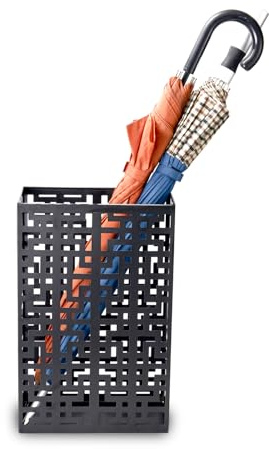 BEWBBAT Umbrella Stand Rack for Entryway, Hollow Metal Holder, FreeStanding Storage Bin for Long Umbrellas, Holds 6-7, Black