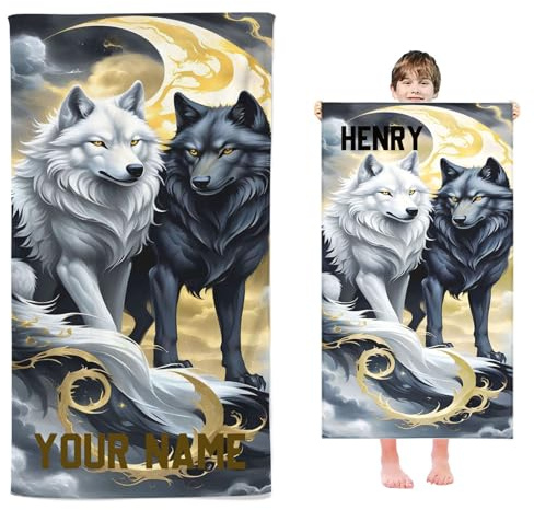 Fadaing Personalisiert Wolf Strandtuch Mit Namen, Personalisierte Handtuch Badetuch Mit Namen Mikrofaser Strandtuch Groß 100x200cm Badetuch 3D Wölfe Für Kinder (100 x 200 cm,1)