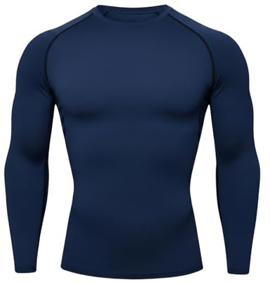 HYCOPROT Tee Shirt Compression Homme T-Shirt à Manches Longues Séchage Rapide Respirant pour Entraînement, Gym, Course à Pied（L, Bleu Marine）