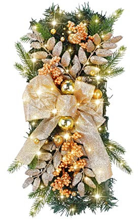 HOKZYHOUSE 45 cm Weihnachtsgirlande mit Schleife, Hängender Treppenkranz in Tropfenform, Leuchtende Weihnachtskränze für Haustür, Wand, Fenster (45 cm)