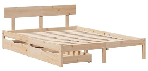 vidaXL Cadre de lit avec tiroirs 140x190 cm Bois de pin Massif, sommier, Cadre de lit Double, Cadre de lit en Bois Massif, Meuble de Chambre à Coucher