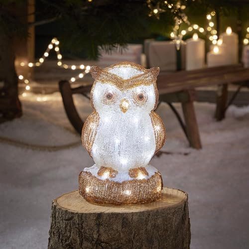 Lights4fun Outdoor Christmas Figure Light Up LED Acrylic Owl Garden Decoration Battery Operated with Timer 24cm
