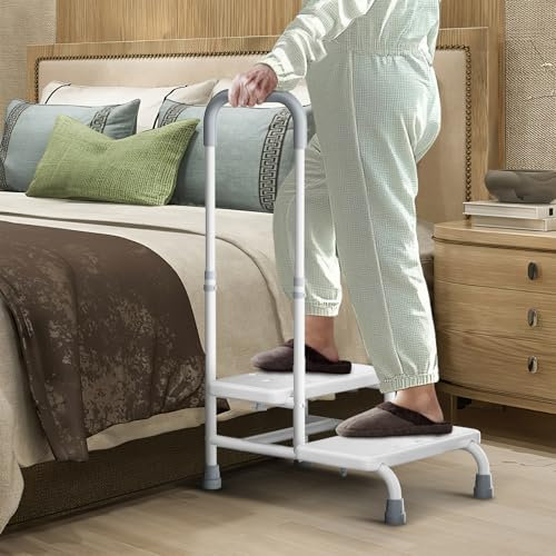 FORTEMOTUS Aiuto all'ingresso per Anziani, Sgabello per Vasca da Bagno con 2 Gradini e Maniglia per Anziani e Disabili per Cucina e Auto, Bianco