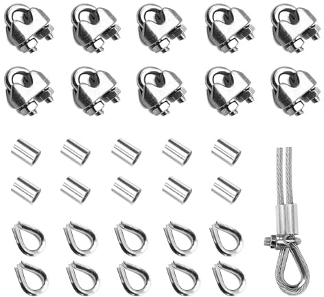 30PCS 1/4 Inches M6 Stainless Steel Wire Rope Cable Clip Clamp & M6 Thimble & M6 Aluminum Crimping Loop Sleeve (3 Styles 10PCS Each), Cable Clamp Fasteners for 1/8-1/4 Wire Cable for Outdoors