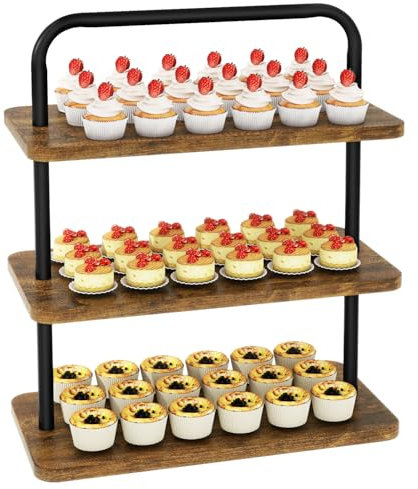 IBUYKE Alzata per cupcake, in legno, a 3 ripiani, per 50 cupcake, espositore per cupcake, per feste, Natale, matrimoni, baby shower, marrone rustico TLJ013H