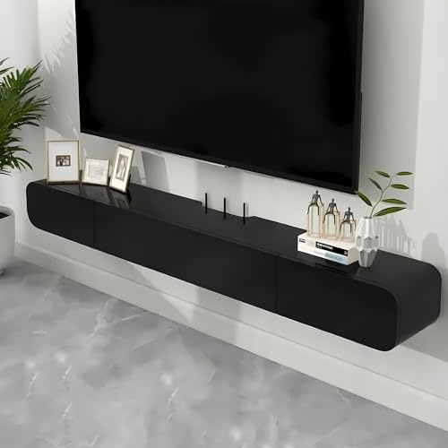 Massivholz TV Lowboard Hängend Schwarz mit 2 Schubladen, Wandregal Hängeschrank Komplett Montiert (A, 180cm)