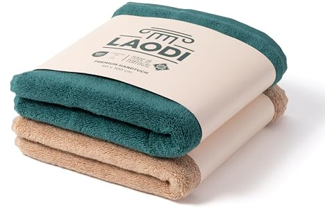 LAODI Premium Handtuch Set 2er 50x100 cm aus 100% Baumwolle – 570 g/m², saugfähig & weich – Made in Portugal, 2-Farben Set: Antikes Grün & Honigpfirsich