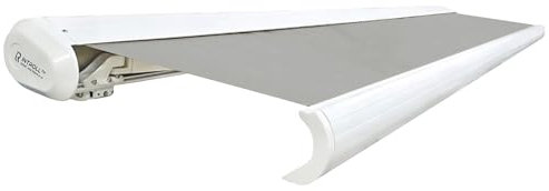 INTELROLL INT500 FULL Cassette Retractable Awning Canopy 4.5m x 3m / 14’9″ x 9’10” for Garden Patio or Shop Front ELECTRIC Remote WHITE Frame Silver GREY ACRYLIC 320gsm Fabric
