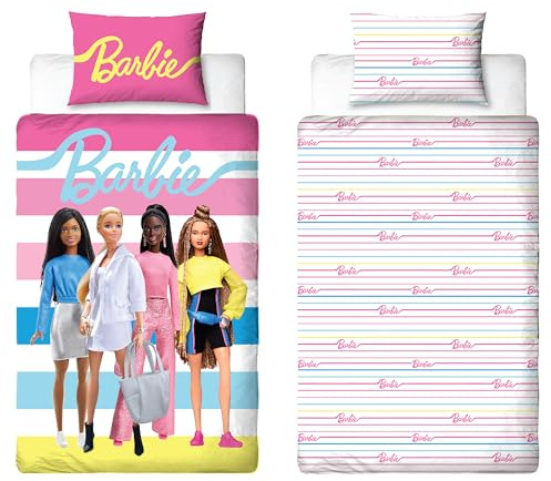 Set copripiumino singolo per bambini Barbie, design senza scatola, reversibile, 2 lati, con federa coordinata, rosa, in policotone