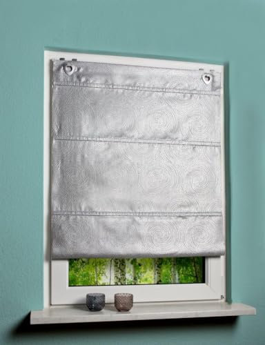 Magnetrollo Raffrollo Fenster-Gardine Raffgardine Ösenrollo Vorhang Dekostoff mit Kreisen und Blende Lurex MIT Fensterhaken in Farbe Natur Silber 1 Stück BxH: 80 x 130 cm