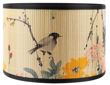 Pantalla de bambú con forma de tambor con estampado floral, cierre de clic ligero para lámpara de mesa, dormitorio y salón, tamaño mediano (diámetro 30 cm) (tipo A)