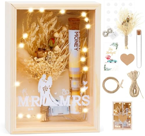 FTUREERA Geldgeschenk zur Hochzeit, Geschenk Hochzeit Geld Mr & Mrs, Kreative Hochzeitsgeschenke für Brautpaar Geld Geschenkbox mit Trockenblumen, Reagenzglas, Lichterketten und Holzbox
