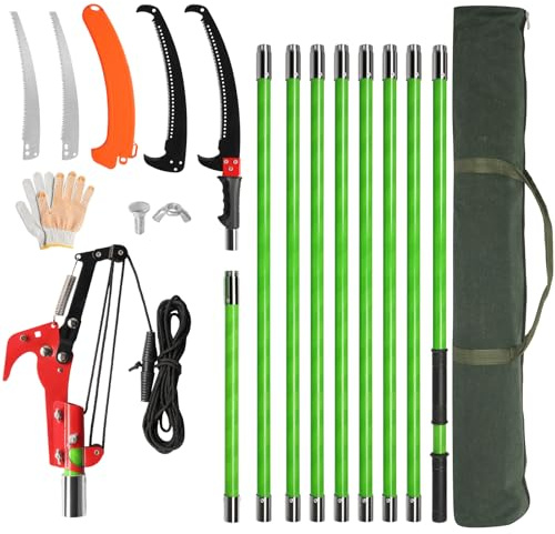 Outopee 30FT Pole Pruning Saw, Manual Pole Saw Long Handle Pruner Set, Telescopic Tree Trimmers Garden Tools with Sharp Blade, Scissors, Carry Bag for Pruning Palms and Shrubs High Branches, Green