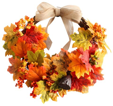 Herbstkränze für Haustür,45cm Türkranz Herbst Außen für Herbstdeko,Tür Fenster Wandbehang Herbst Dekoration mit Ahornblatt für Erntedankfest Thanksgiving Halloween,Weihnachtsdekoration (01)