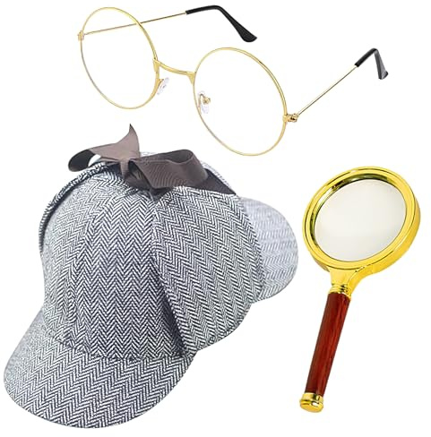 per costumi da detective - Cappello, occhiali, lente d'ingrandimento, oggetti di scena protettivi | Completo completo per spettacoli natalizi misteriosi, una fantastica collezione per bambin