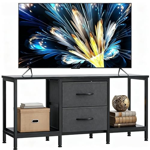 YITAHOME TV Schrank für bis zu 47 Zoll Fernseher, Fernsehtisch Mediaschrank mit 2 Stoffschubladen & 2 Ablagefächern, 110 x 30 x 50 cm Stahlgestell TV Lowboard für Wohnzimmer & Schlafzimmer