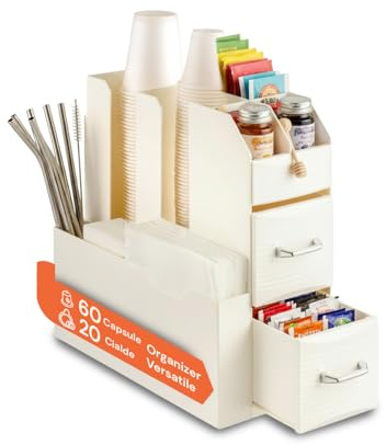 Avilia Portacapsule e Cialde da Caffè con 9 Scomparti e 2 Cassetti - Organizer Salvaspazio per 60 Capsule e 20 Cialde - Box Porta Cialde per Cucina e Ufficio - 13,9x31x28,7 cm - Bianco