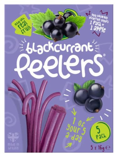 Blackcurrant Peelers Real Fruit Snacks, Gluten Free, No Added Sugar, Made in Britain, Vegetarian, 5 Pack x 16g