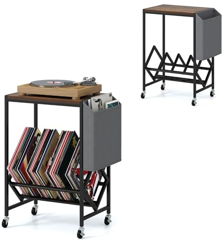 KOMFOTTEU Soporte para Tocadiscos con Ruedas, Estantería para Discos de Vinilo con Estante con Divisores y Bolsa de Tela, Mesa Auxiliar de Metal para 200 Álbumes, para Oficina, Salón (Marrón)
