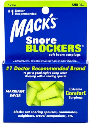Mack’s Snore Blockers Soft Foam Earplugs, 12 Pair – 32 dB High NRR, 37 dB SNR – Comfortable Ear Plugs for Sleeping, Snoring, Loud Noise and Travel