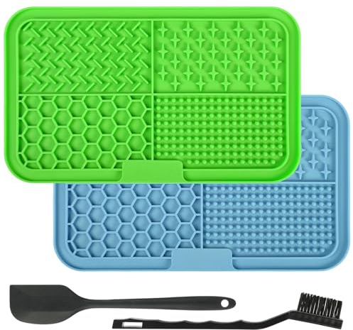 Adiwo Lot de 2 Tapis à Lécher pour Chien à Alimentation Lente, Tapis de Léchage Chiens et Chats avec Ventouses, 1 Spatule en Silicon et Brosse pour Réduit l'Anxiété, Entraînement, Bleu + Vert