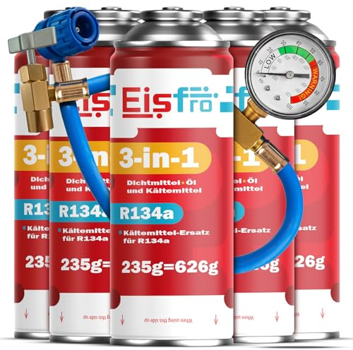 Eisfro 3-in-1 – Gas refrigerante sostitutivo R134a – Set di 5 bombole da 235 g + tubo di ricarica – Set per ricarica climatizzatore auto – Climatizzatore camper – ECO