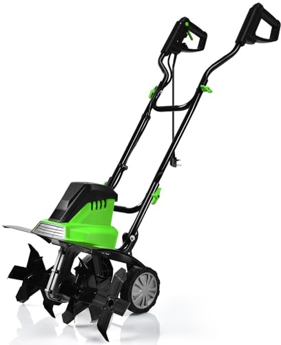 COSTWAY Motozappa Elettrica 1200W/1500W, Zappatrice Elettrica con Maniglia Pieghevole, Ruote Regolabili, 4/6 Lame, Velocità 365/400 PRM, Profondità 22 cm, Larghezza 35/43 cm (Verde, 1500 W)