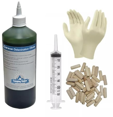 Pennine Green Polyurethane One Shot Adhesive Caravan Floor Delamination Repair Kit + 30 Dowells + Latex Gloves + Syringe