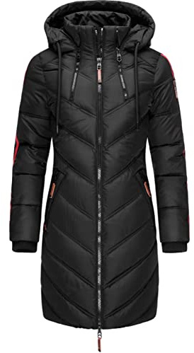 MARIKOO Damen Wintermantel Warmer Steppmantel lang mit Verstellbarer Kapuze Armasa Schwarz Gr. S