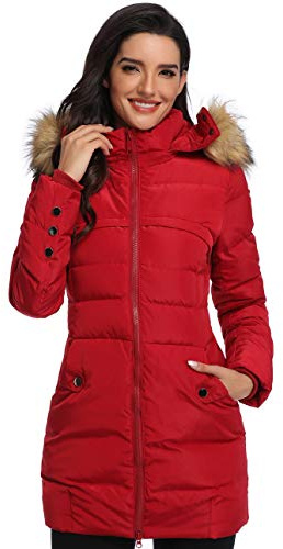 Epsion - Piumino invernale da donna, con cappuccio e imbottitura - Rosso - S