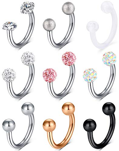 Rajnard 9PCS 16G Surgical Steel Lip Hoop Ring Crystal Cubic Horseshoe Barbell Tragus Cartilage Earring Helix Daith Septum Hoop Piercing Retainer for Women Men 10mm