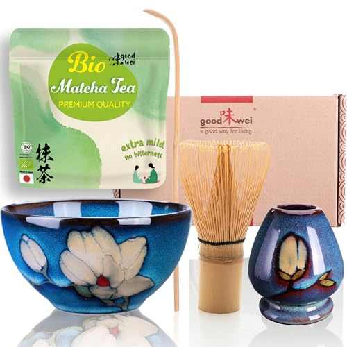 Goodwei Set Matcha BIO Complet avec Bol Matcha en Céramique, Fouet à Matcha Chasen et Support | Coffret Cadeau Cérémonie du Thé (Magnolia)