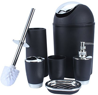 6 Piezas juego de accesorios para el baño, dispensador de jabón, vaso para cepillos de dientes, jabonera, soporte para cepillo de dientes, cubo de basura, escobilla (negro)