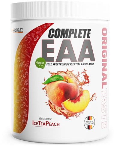 EAA Pulver 500g ICE TEA PEACH - 12.500mg essentielle Aminosäuren - unglaublich lecker & erfrischend - COMPLETE EAA mit allen 9 EAAs inkl. Histidin - EAA vegan Aminosäuren Pulver - Amino Workout Drink