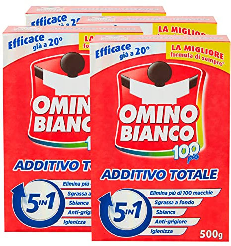 Omino Bianco - Additivo Lavatrice Totale 5 Azioni in 1 in Polvere per Bucato, Smacchiante e Igienizzante, 500 g x 4 Pezzi