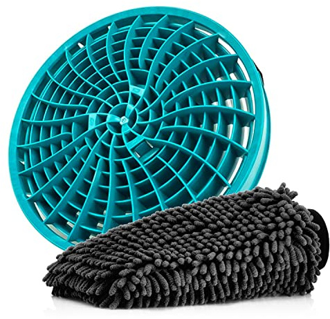 detailmate Autopflege Zubehör Set: Detail Guardz Dirt Lock Schmutzeinsatz türkis mit Chenille Waschhandschuh schwarz - Wascheimereinsatz und Mikrofaser Handschuh für die Autowäsche