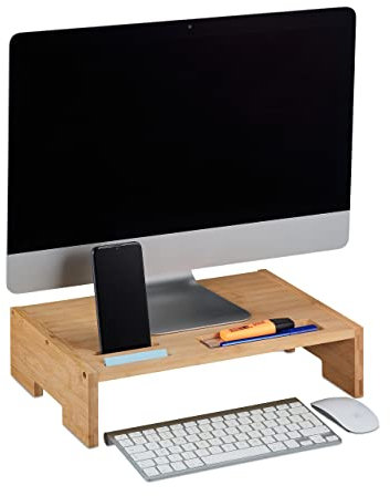 Relaxdays Monitorständer Bambus, 3 Fächer, Bildschirmerhöhung Schreibtisch, Monitor Unterbau, HBT: 10,5x41x28 cm, Natur