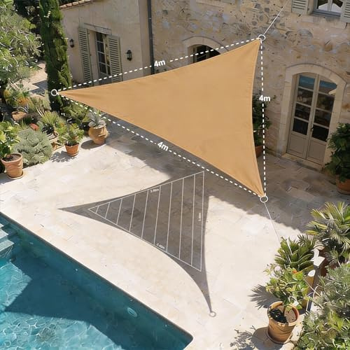 HAIKUS Tenda a Vela Triangolare 4x4x4 m, HDPE Traspirante, Telo Ombreggiante Triangolare 4x4 x4, Tenda da Sole per Esterno Giardino Terrazzo, Sabbia