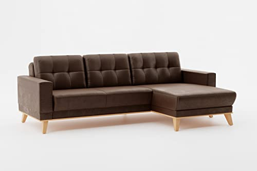 CAVADORE Ecksofa Lima mit Longchair / L-Form-Couch in Wildlederoptik mit Wellenfederung, Holzrahmen + Steppung im Rücken / Mikrofaser, Dunkelbraun