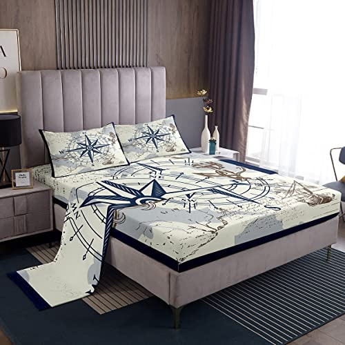 Set di lenzuola nautiche con motivo a bussola set di lenzuola a tema oceano con tasca profonda con angoli marina blu e bianco set di biancheria da letto per camera da letto 4 pezzi king size