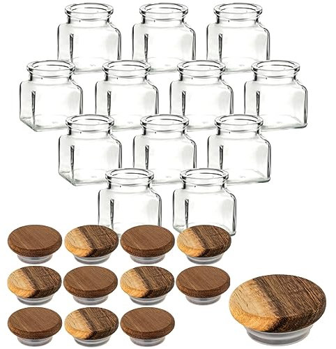 gouveo Lot de 12 bocaux à épices carrés avec couvercle en bois d'acacia - 120 ml - Petits pots en liège avec bouchon en bois - Bocaux vides pour herbes, épices - Petite boîte en verre pour le bureau