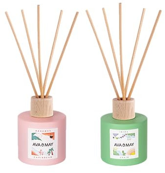 AVA & MAY Island Diffuser Set (Amazon Exclusive) – veganes Set mit Duftstäbchen aus Rattan und Duft für je ca. 4 Wochen – 1 x Bahamas und 1 x Ibiza Diffuser mit hochwertigem Duftöl